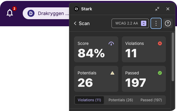Stark accessibility scan over a Mercell screen showing an 84 percent score, 11 violations, 26 potential issues, and 197 passed checks