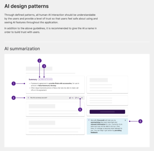 AI design patterns document showing an annotated AI tender summarization interface