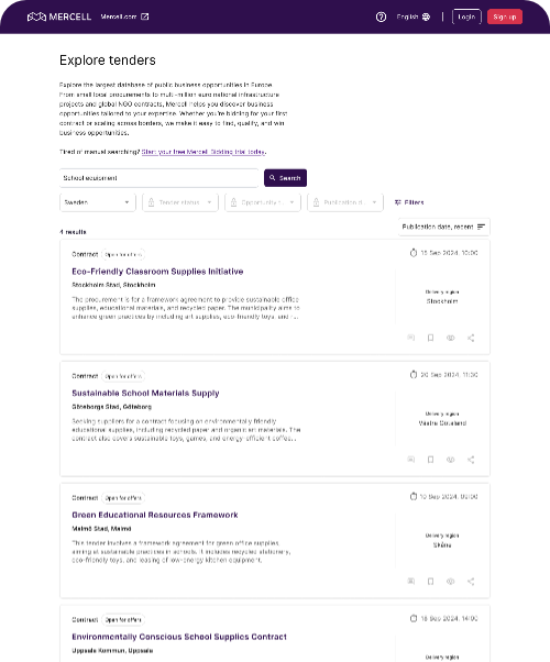 Mercell Explore tenders page with search, filters, sorting, and tender result cards