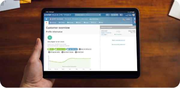 Qvantel Sales and Care Toolbox customer overview displayed on a tablet