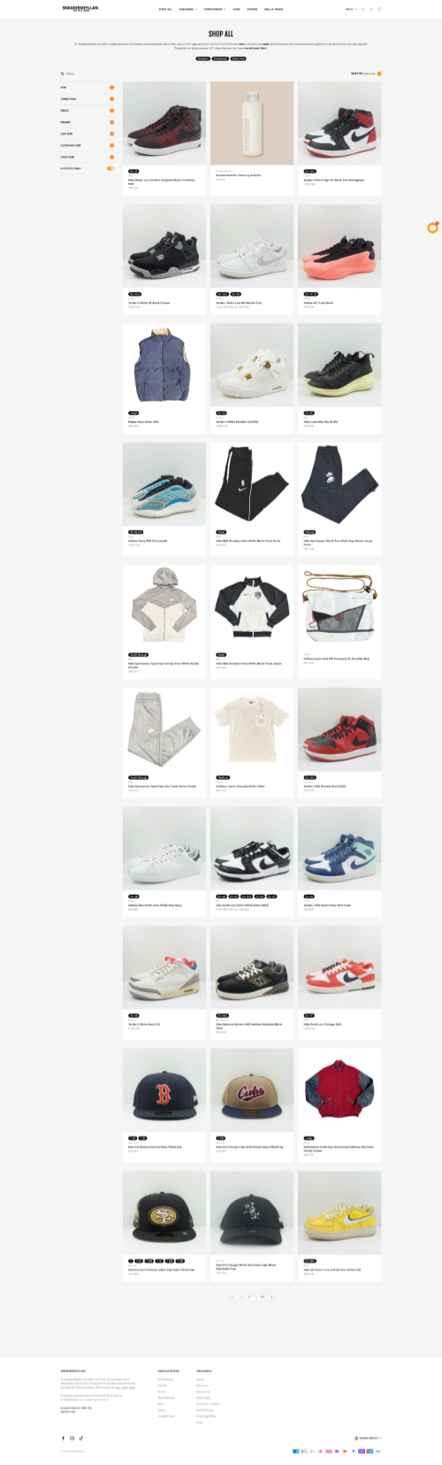 Full Sneakershyllan Shop All catalogue with product filters and a three-column grid of second-hand shoes and streetwear