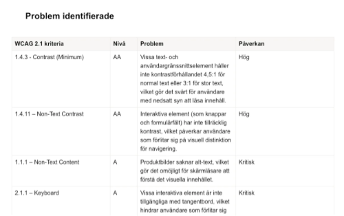 Accessibility findings table listing WCAG criteria, conformance level, identified problem, and impact